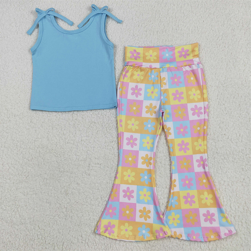 7.02 GSPO2017 RTS NO MOQ Baby Girls Spring Outfits Baby Girls Blue Top Flowers Plaid Bell Bottom Pants Sets