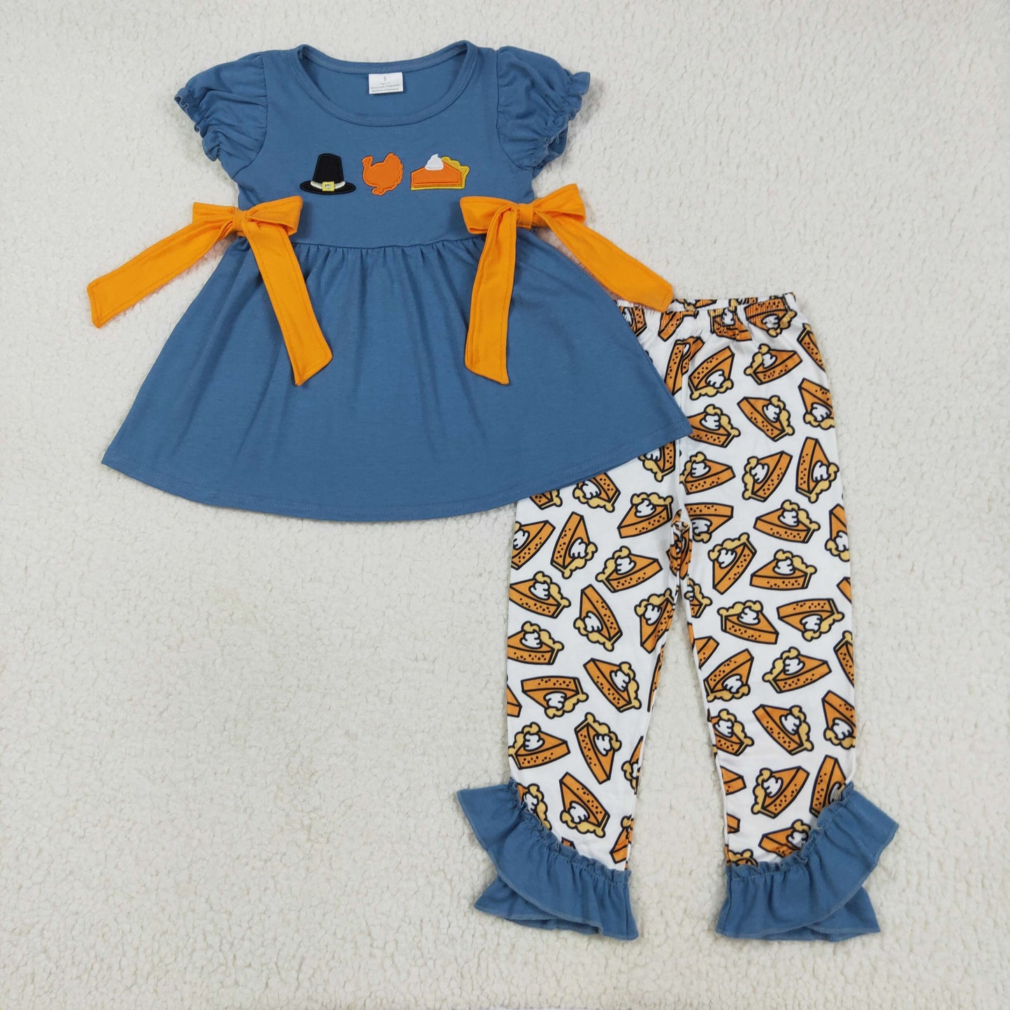 RTS NO MOQ （In stock） GSPO2028 Baby Girl Autumn Outfits Embroidery Baby Girls Navy Thanksgiving Turkey Tunic Ruffle Pants Sets