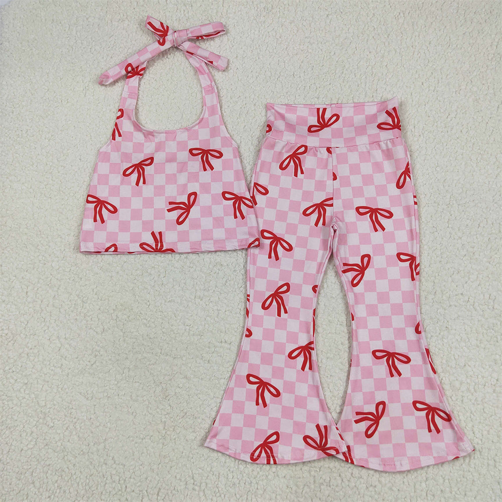 8.16 GSPO2030 RTS NO MOQ Baby Girls Spring Outfits Baby Girls Strap Pink Plaid Vest Halter Top Bell Bottom Pant Sets
