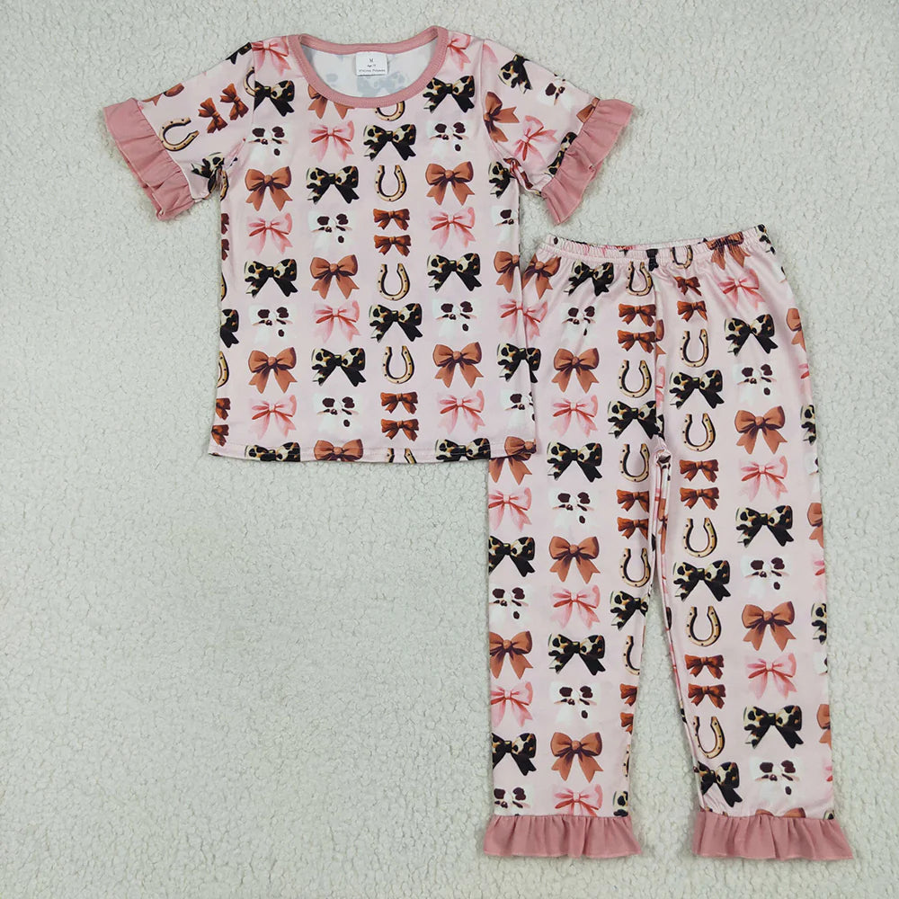 10.2 RTS Sibling Baby Girls Pink Western Bows Horse Shoes Rompers Pajamas