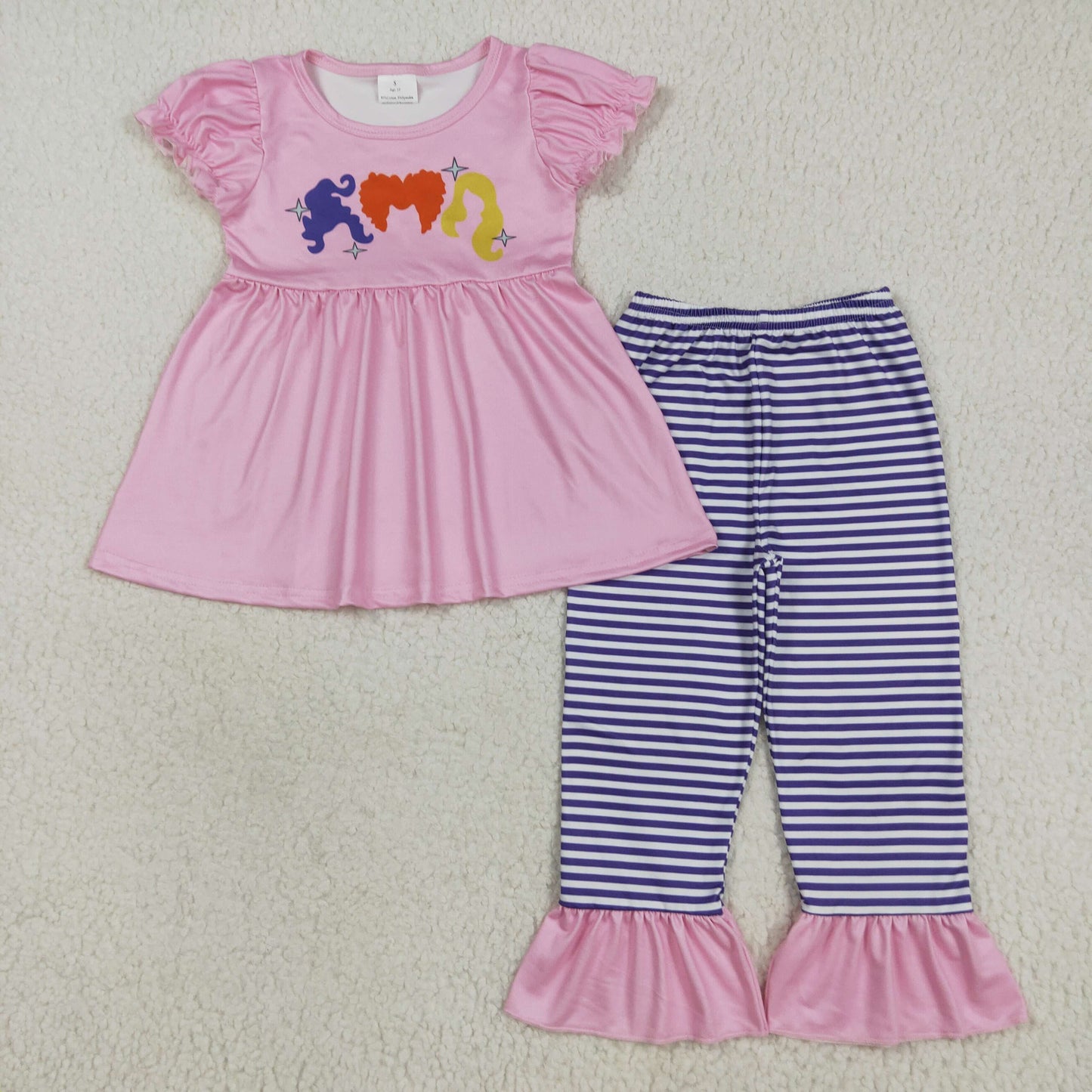 RTS NO MOQ （In stock）GSPO2043 Baby Girl Autumn Outfits Baby Girls Pink Halloween Princess Hair Tunic Stripe Ruffle Pants Sets