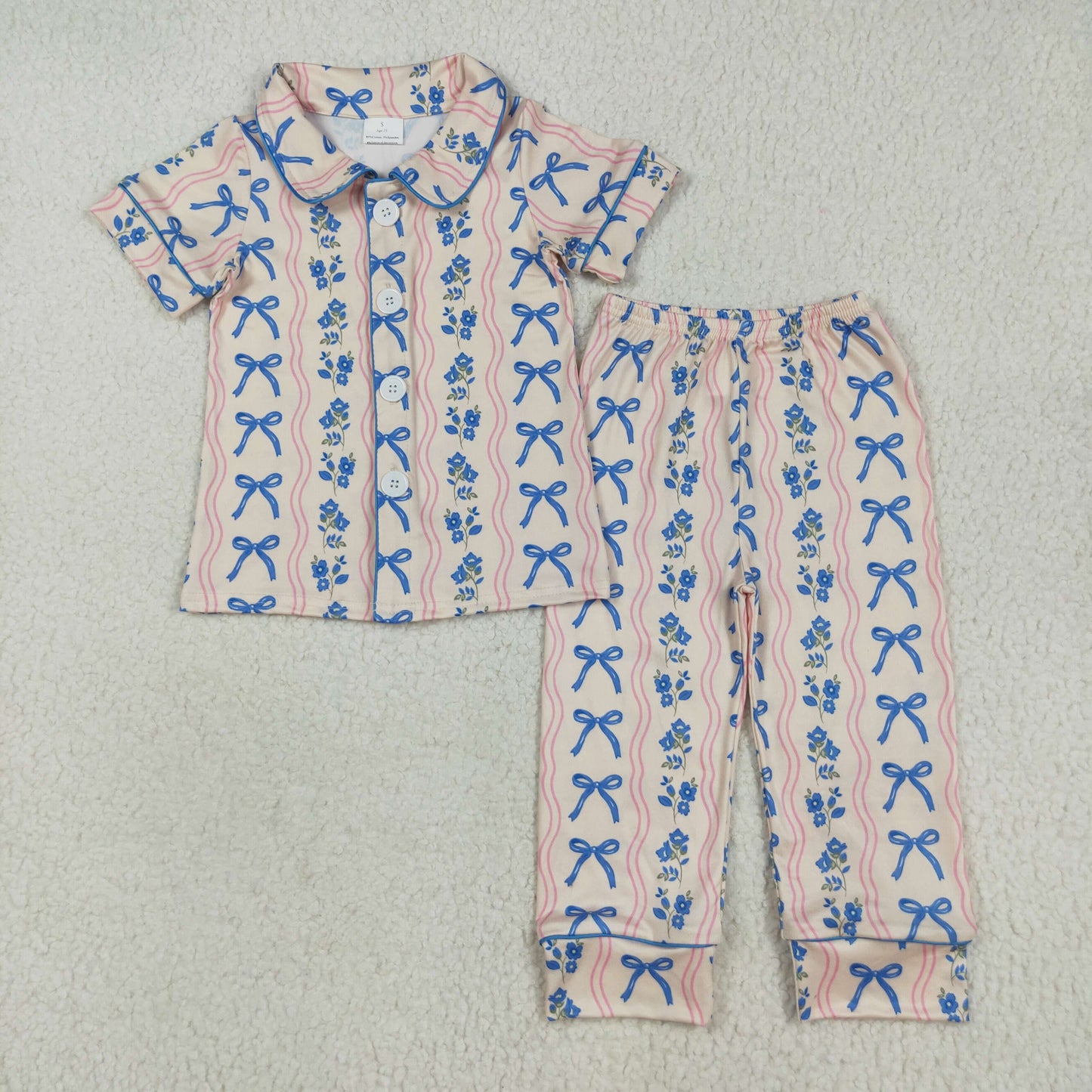 RTS NO MOQ （In stock）GSPO2050 Baby Girl Autumn Outfits Baby Girls Short Sleeves Blue Bows Flower Stripe Top Pants Pajamas Sets