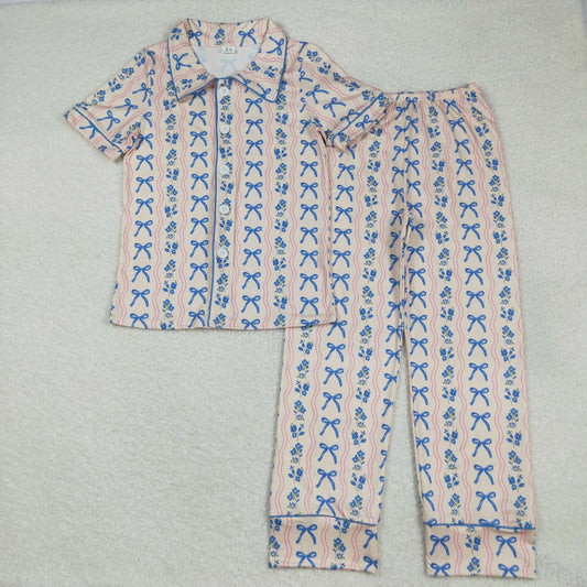 RTS NO MOQ （In stock）GSPO2051 Adult women's pajamas set Adult Women Blue Bows Flowers Stripe Button Top Pant Pajamas Set