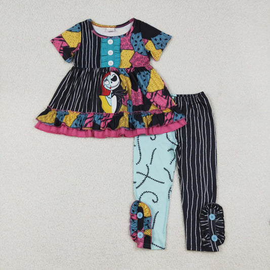 RTS NO MOQ （In stock）GSPO2056 Baby Girl Autumn Outfits Cartoon Ghost Tunic Stripes Leggings Halloween Sets