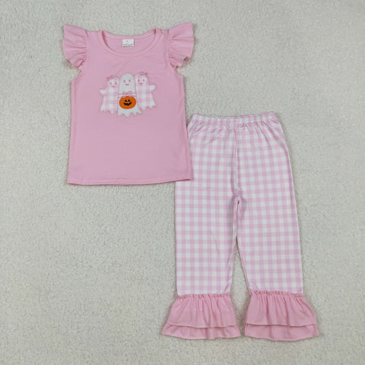 RTS NO MOQ （In stock）GSPO2058 Baby Girl Autumn Outfits Halloween Ghosts Pumpkins Top Pants Halloween Sets