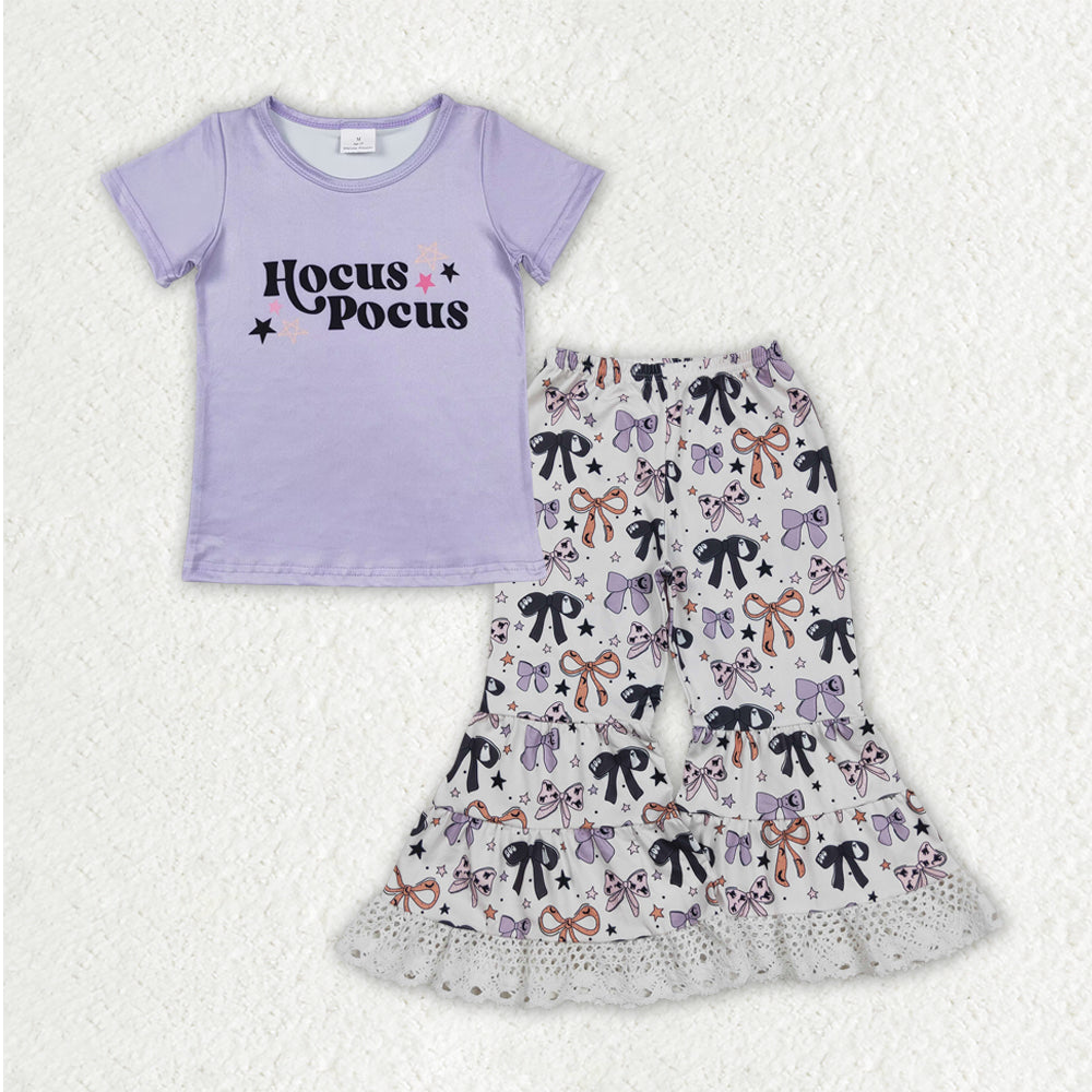 8.21 RTS NO MOQ （In stock）GSPO2064 Baby Girls Spring Outfits Kids Girls Houcu Pocu Top Bow Print Bell Bottom Pants Outfit