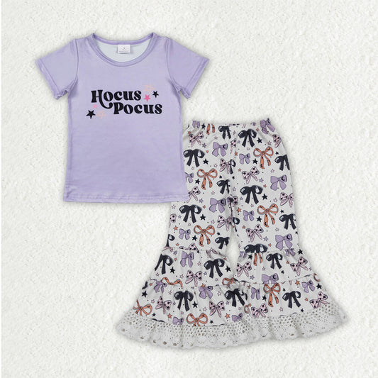 8.21 RTS NO MOQ （In stock）GSPO2064 Baby Girls Spring Outfits Kids Girls Houcu Pocu Top Bow Print Bell Bottom Pants Outfit