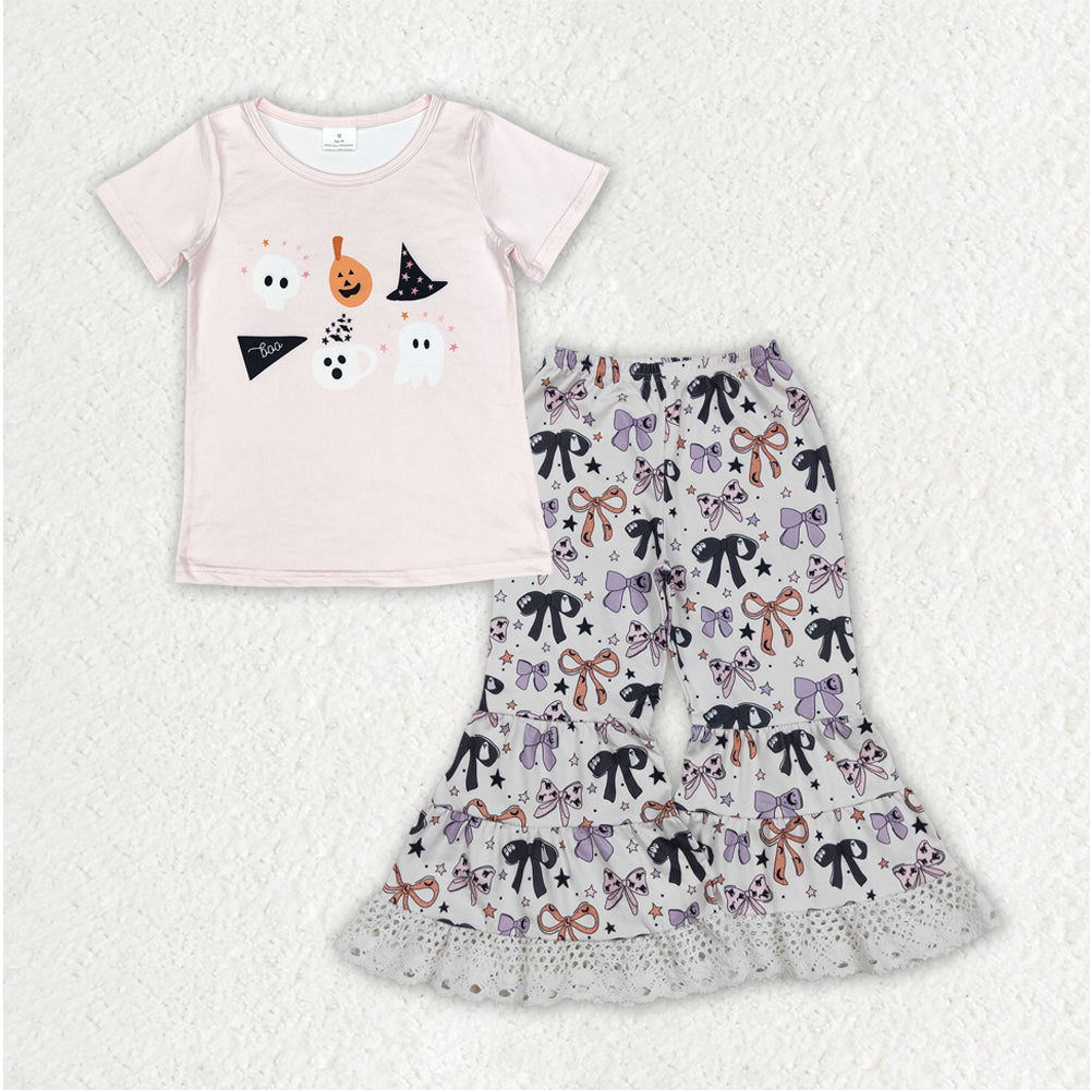 RTS NO MOQ （In stock）GSPO2065 Baby Girls Spring Outfits Kids Girls Ghost Top Print Bell Bottom Pants Outfit