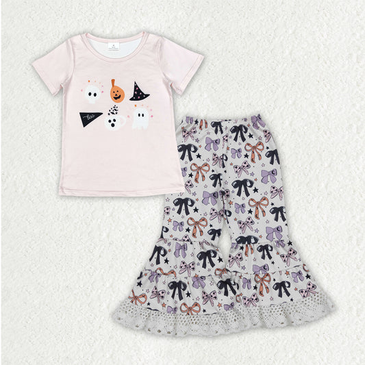 RTS NO MOQ （In stock）GSPO2065 Baby Girls Spring Outfits Kids Girls Ghost Top Print Bell Bottom Pants Outfit