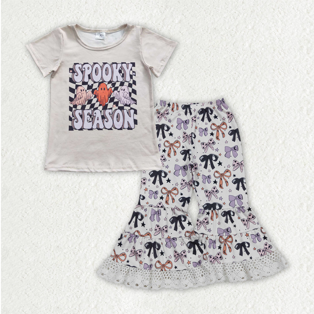 8.21 RTS NO MOQ （In stock）GSPO2066 Baby Girls Spring Outfits Kids Girls Spooky Top Print Bell Bottom Pants Outfit
