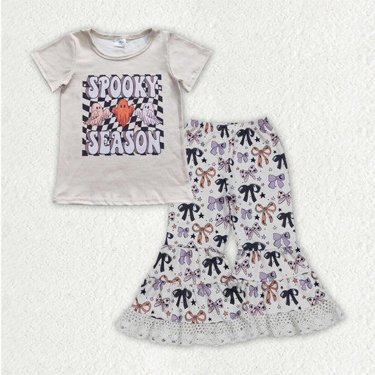 8.21 RTS NO MOQ （In stock）GSPO2066 Baby Girls Spring Outfits Kids Girls Spooky Top Print Bell Bottom Pants Outfit