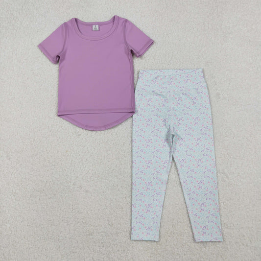 11.1 RTS NO MOQ （In stock）GSPO2067 Baby Girls Lavender Short Sleeve Top Floral Legging Pants Yoga Active Clothes Set