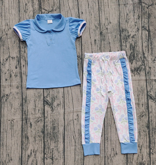 9.22 GSPO2069 Sample No Moq Fast Coming Baby Girls Blue Short Ruffle Sleeve Button Shirts Leggings Clothes Sets