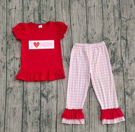 9.30 GSPO2071 Sample No Moq Embroidery I Love Mom Baby Girls Shirts Checked Ruffle Pants Clothes Sets