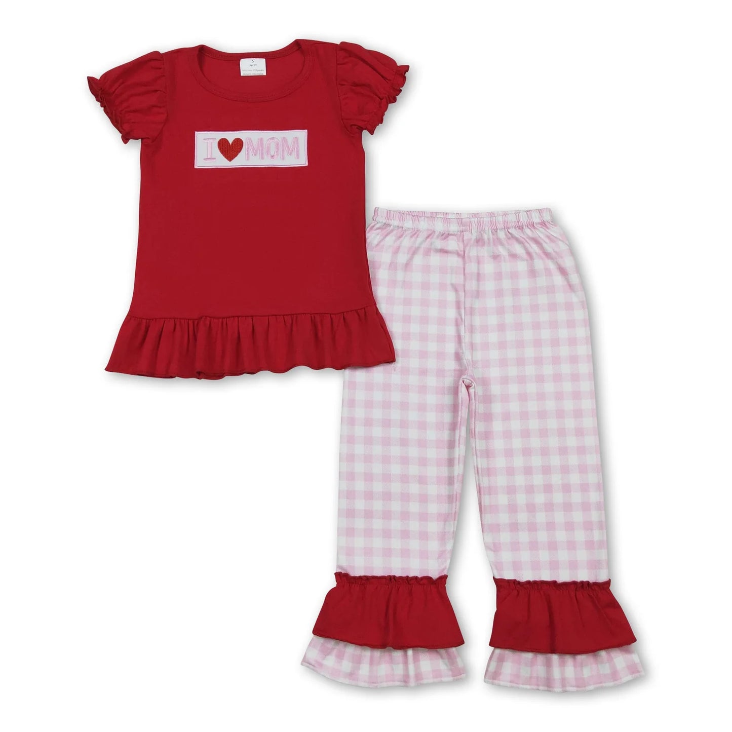 12.2 RST Sibling Baby Boys Girls Embroidery I Love Dad Mom Checked Red Shirt Pants Clothes Sets
