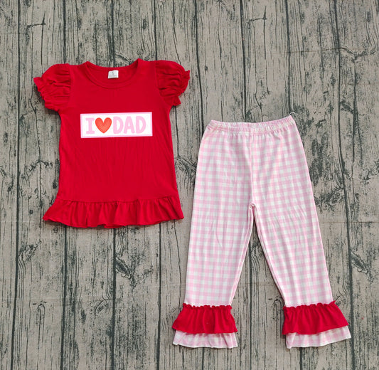 9.30 GSPO2072 Sample No Moq Embroidery I Love Dad Baby Girls Shirts Checked Ruffle Pants Clothes Sets
