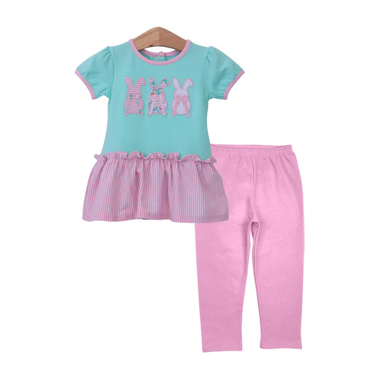 9.23 GSPO2087 Baby Girls Short Sleeve Floral Rabbits Tunic Leggings Easter Clothes Sets Preorder