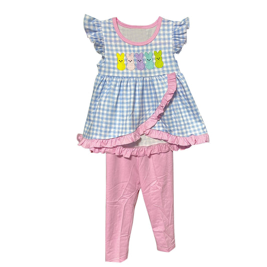 9.23 GSPO2088 Baby Girls Blue Checked Colorful Rabbits Tunic Leggings Easter Clothes Sets Preorder