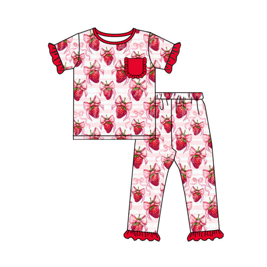 9.24 GSPO2089  Pre order No Moq Baby Girls Bows Strawberry Stripe Top Ruffle Pants Valentine Pajamas Sets