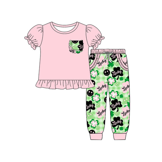 9.26 GSPO2090 Pre order No Moq Baby Girls Pink Ruffle Top Clovers Lucky Pocket Jogger St Patrick Clothes Sets