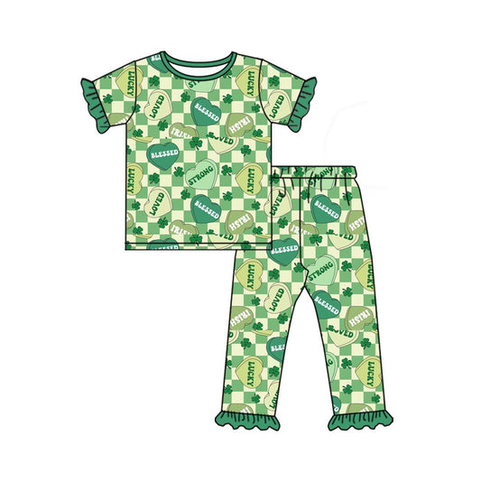 9.26 GSPO2091 Pre order No Moq Baby Girls Green Checked Clovers Hearts Ruffle Pants St Patrick Pajamas Sets
