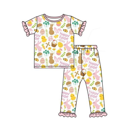 9.26 GSPO2092 Pre order No Moq Baby Girls Flowers Rabbits Eggs Ruffle Pants Happy Easter Pajamas Sets