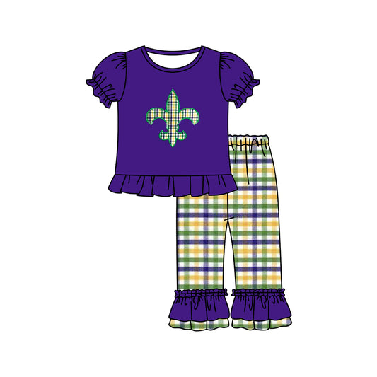 9.26 GSPO2093 Pre order No Moq Baby Girls Purple Anchor Ruffle Top Checked Pants Mardigras Clothes Sets