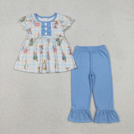 12.9 RTS NO MOQ （In stock）GSPO2094 Baby Boys Stripe Rabbits Button Tunic Ruffle Pants Easter Clothes Sets