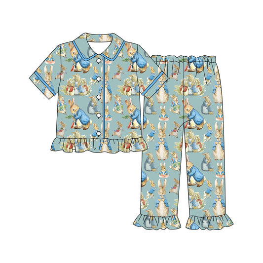 9.29 GSPO2097 Pre order No Moq Baby Girls Carrots Rabbits Button Top Ruffle Pants Easter Pajamas Sets