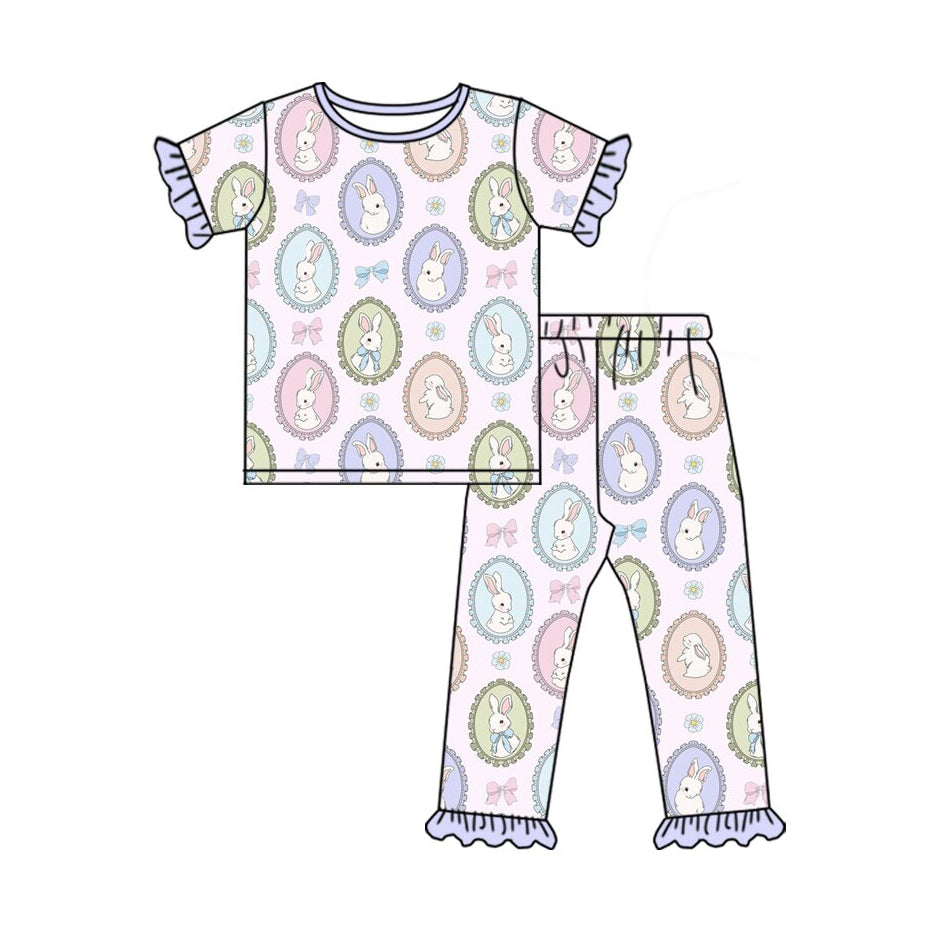 10.3 GSPO2099 Pre order No Moq Baby Girls Colorful Bows Colorful Top Ruffle Pants Easter Pajamas Sets