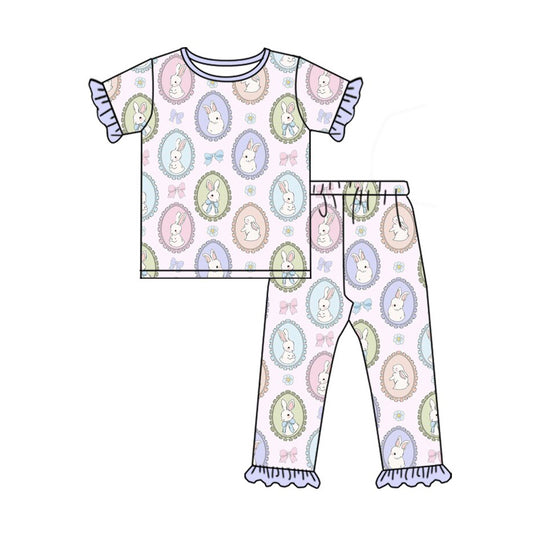 10.3 GSPO2099 Pre order No Moq Baby Girls Colorful Bows Colorful Top Ruffle Pants Easter Pajamas Sets