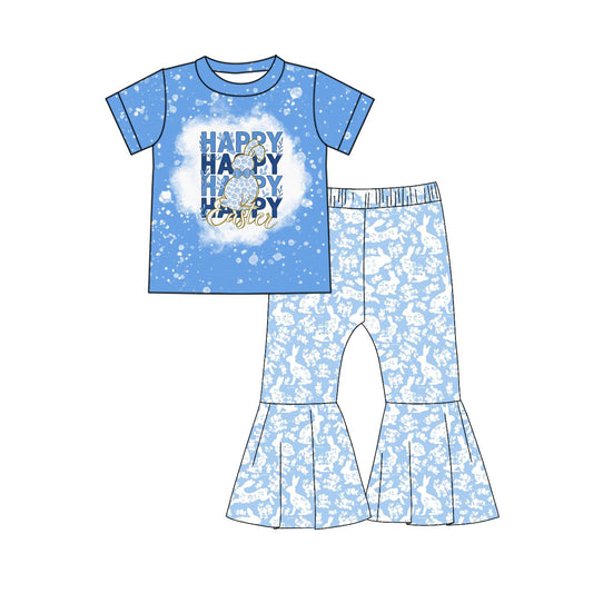 10.3 GSPO2100 Pre order No Moq Baby Girls Blue Rabbit Happy Easter Top Bell Bottom Pants Clothes Sets