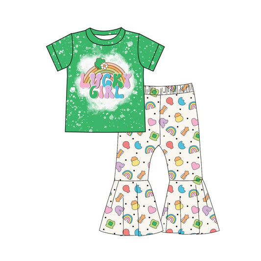 10.3 GSPO2101 Pre order No Moq Baby Girls Clover Lucky Girl Top Bell Bottom Pants St Patrick Clothes Sets