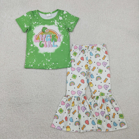 2.3 RTS NO MOQ （In stock）GSPO2101 Baby Lucky Girl Clover Top Bell Bottom Pants St Patrick Clothes Sets