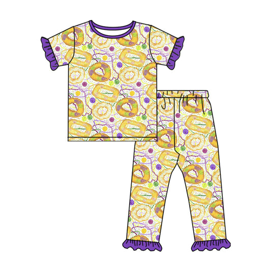 10.3 GSPO2102 Pre order No Moq Baby Girls Mardigras Donuts Polka Dots Top Ruffle Pants Pajamas Sets