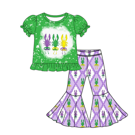 10.4 GSPO2103 Pre order No Moq Baby Girls Mardigras Crayfishes Top Bell Bottom Pants Clothes Sets