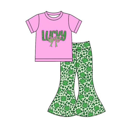 10.4 GSPO2104 Pre order No Moq Baby Girls Clovers Bows Lucky Top Bell Bottom Pants St Patrick Clothes Sets