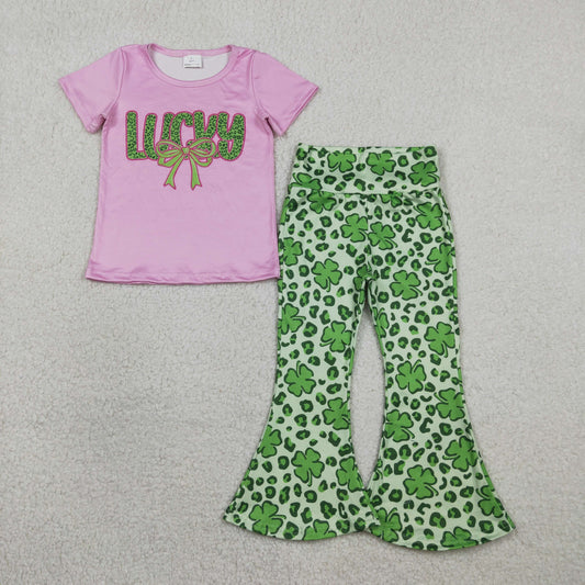 2.3 RTS NO MOQ （In stock）GSPO2104 Baby Girls Clover Bow Lucky Top Bell Bottom Pants St Patrick Clothes Sets