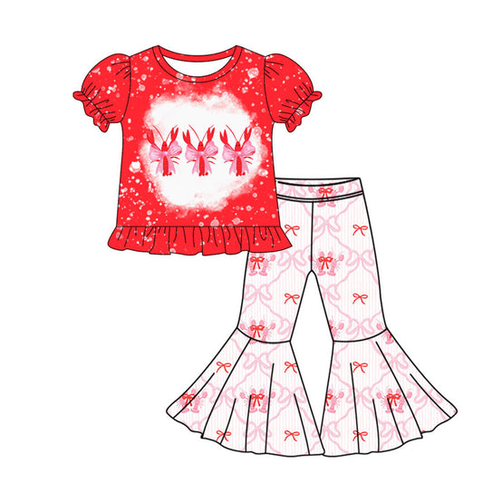 10.4 GSPO2105 Pre order No Moq Baby Girls Mardigras Bows Crayfishes Top Bell Bottom Pants Clothes Sets