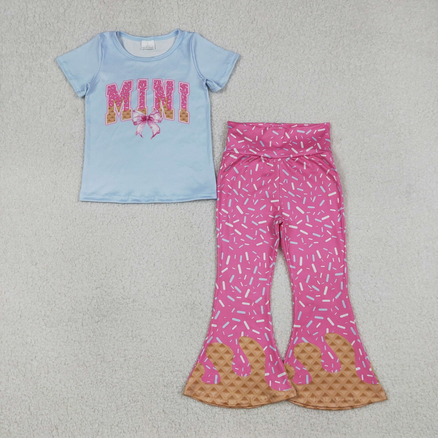 12.26 RTS NO MOQ （In stock）GSPO2107 Baby Girls Sprinkle Drip Mini Bows Top Bell Bottom Pants Clothes Sets
