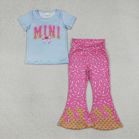 12.26 RTS NO MOQ （In stock）GSPO2107 Baby Girls Sprinkle Drip Mini Bows Top Bell Bottom Pants Clothes Sets