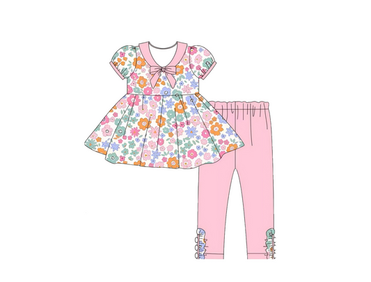 10.10 GSPO2108 Pre order No Moq Baby Girls Colorful Flowers Ruffle Sleeve Tunic Leggings Pants Clothes Sets