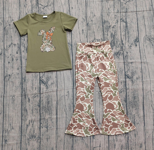 1.19 GSPO2110 Sample No Moq Embroidery Camo Rabbit Baby Girls Shirt Top Bell Bottom Pants Easter Clothes Sets