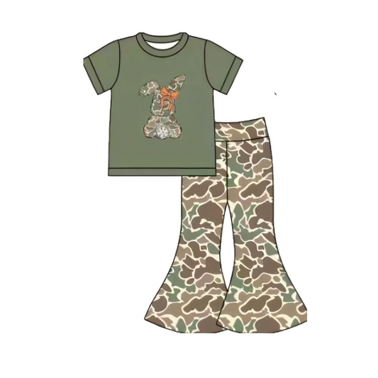 10.10 GSPO2110 Pre order No Moq Baby Girls Camo Rabbit Top Bell Bottom Pants Easter Clothes Sets