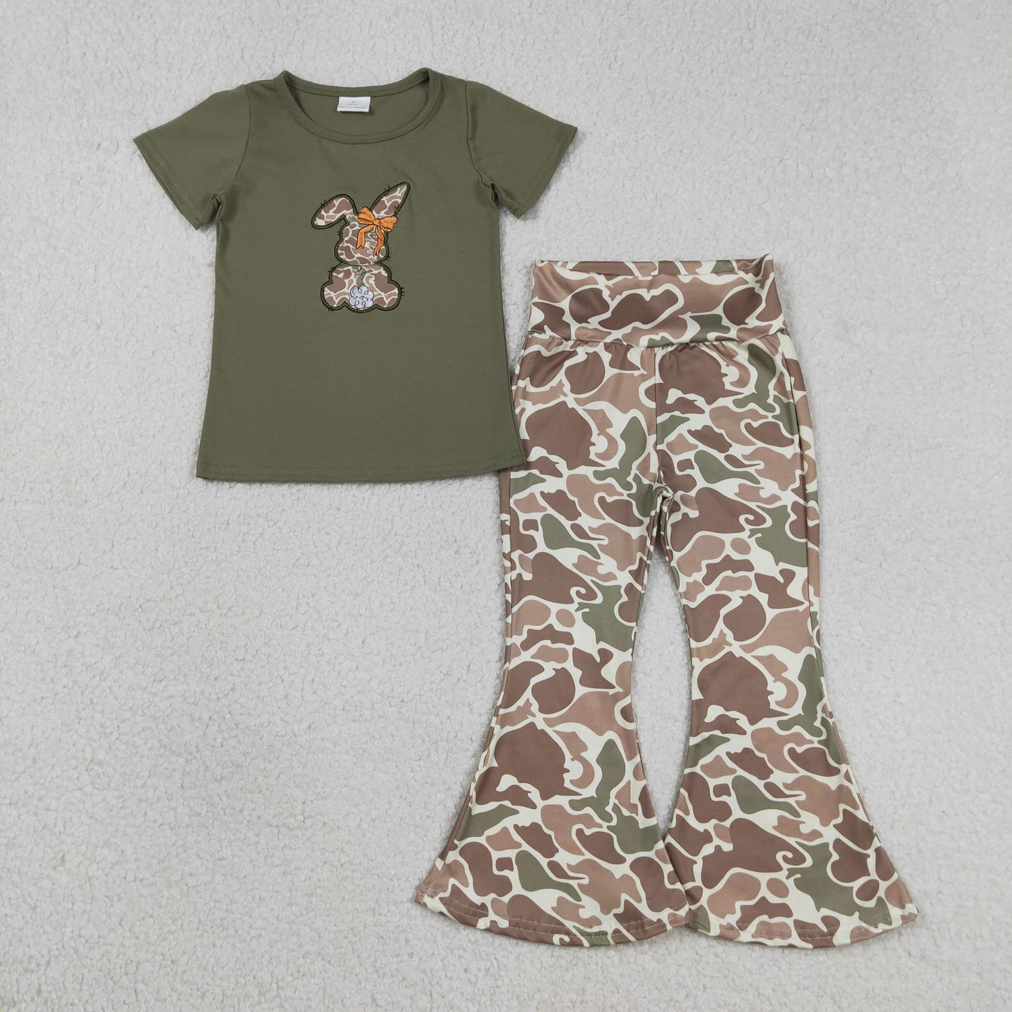 3.17 RTS NO MOQ （In stock）GSPO2110 Summer Baby Girls Embroidery Camo Rabbit Shirt Top Bell Bottom Pants Easter Clothes Sets