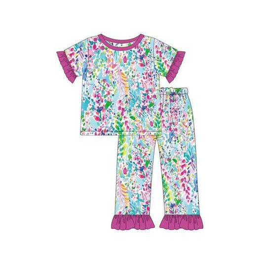 10.11 GSPO2112 Pre order No Moq Baby Girls Watercolor Floral Top Ruffle Pants Pajamas Sets