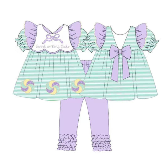 10.11 GSPO2113 Pre order No Moq Baby Girls Mardigras Sweet as King Cake Tunic Ruffle Leggings Clothes Sets
