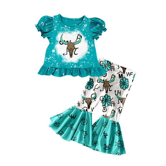 10.13 GSPO2114 Pre order No Moq Baby Girls Bull Skulls Ruffle Top Bell Bottom Pants Western Clothes Sets
