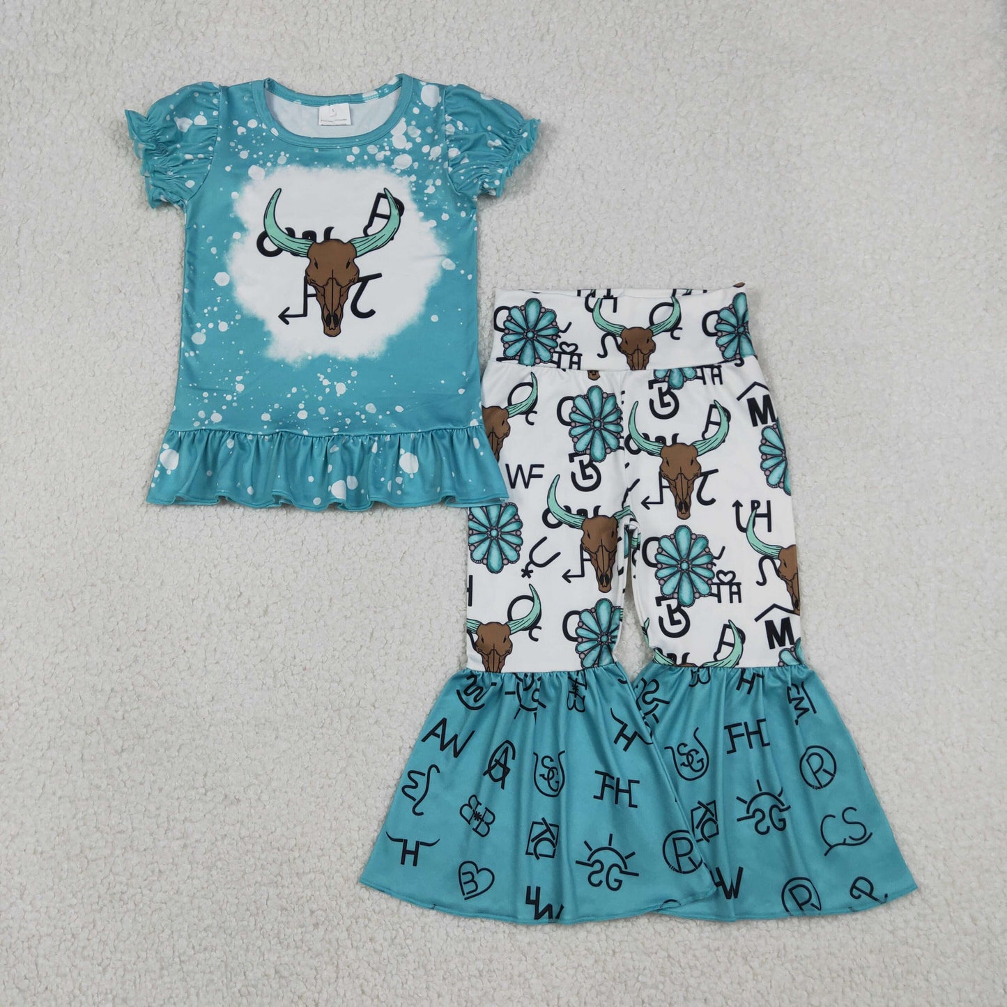12.22 RTS NO MOQ （In stock）GSPO2114 Baby Girls Bull Skulls Ruffle Top Bell Bottom Pants Western Clothes Sets