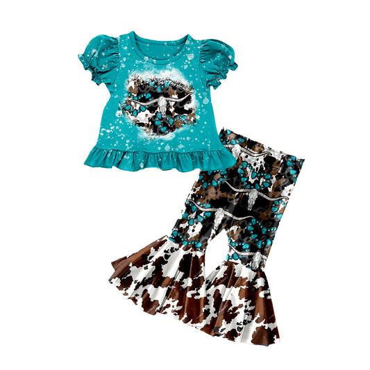 10.13 GSPO2116 Pre order No Moq Baby Girls Bull Skulls Turquoises Top Bell Bottom Pants Western Clothes Sets